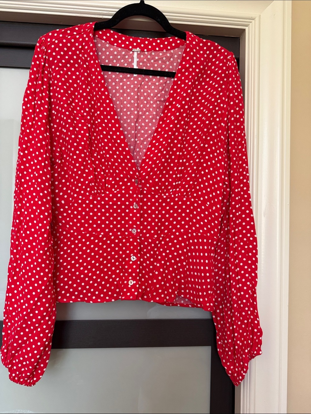 Free People Red Polka Dot Deep V-Neck Button Front Blouse